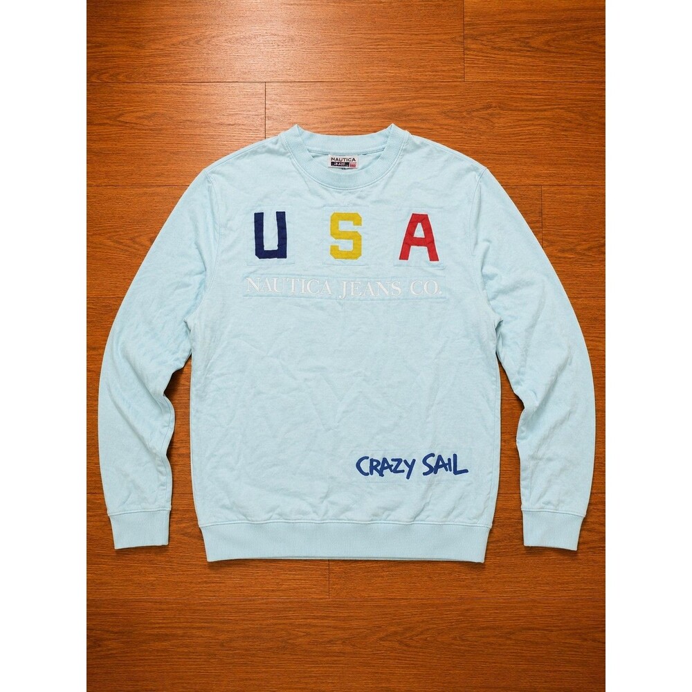 Vintage USA Spellout Sweatshirt Mens Large Blue Nautical Sailing Crewneck